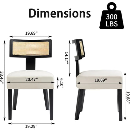 4-Pack Mid-Century Rattan Dining Chairs, Fabric Upholstered, Curved Back & Armless