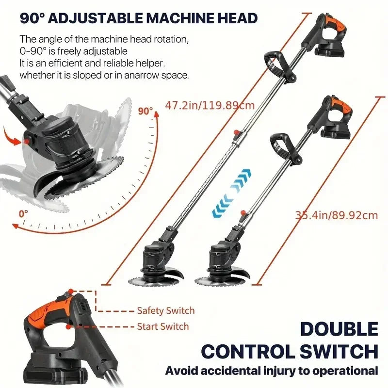 Wireless portable weed trimmer with 2 lithium batteries and comes with replaceable blades