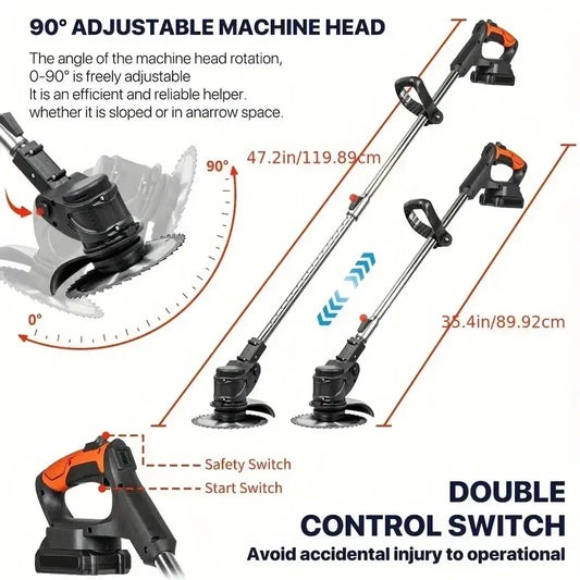 Wireless portable weed trimmer with 2 lithium batteries and comes with replaceable blades