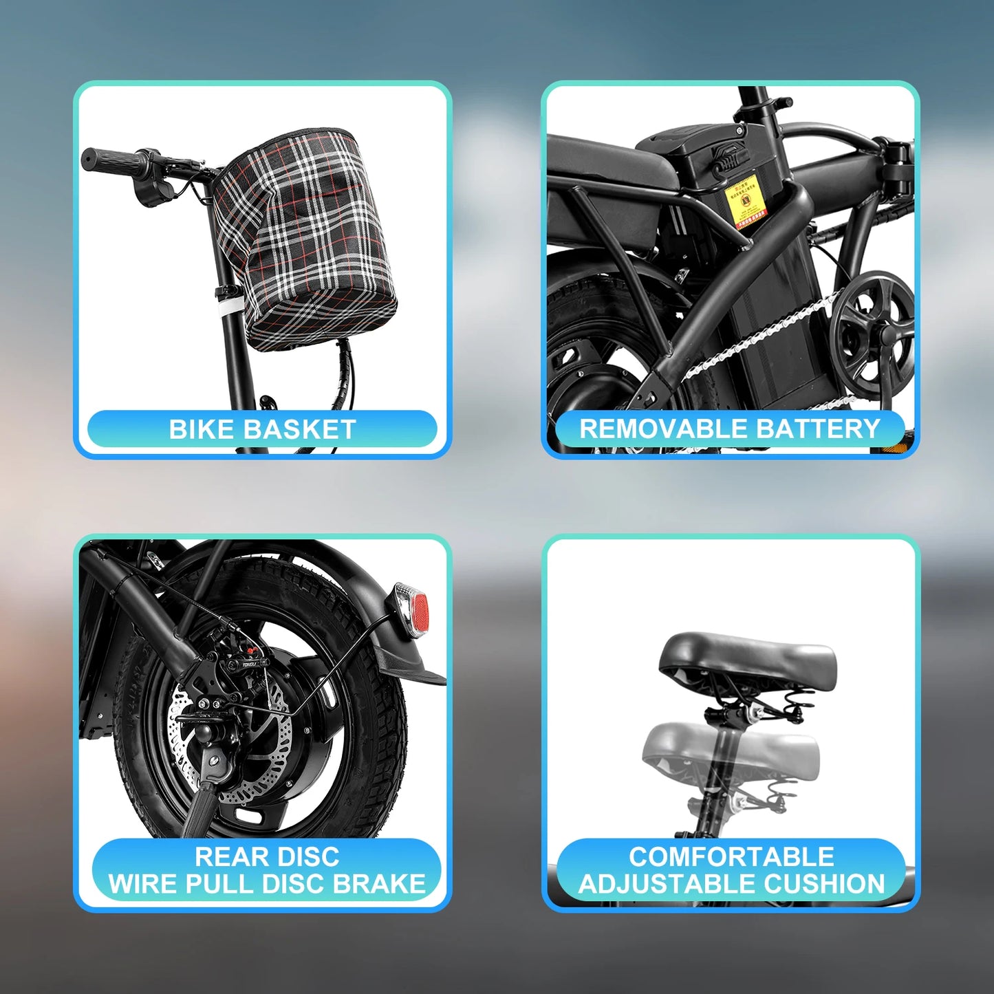 14inch Road Tires, Electric with Basket 48V 400W Folding bike, Carbon Steel Lightweight  Foldable Adult Brushless