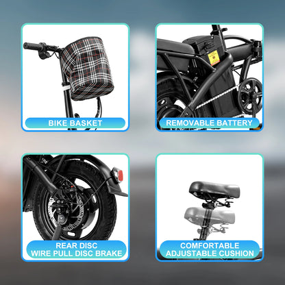 14inch Road Tires, Electric with Basket 48V 400W Folding bike, Carbon Steel Lightweight  Foldable Adult Brushless