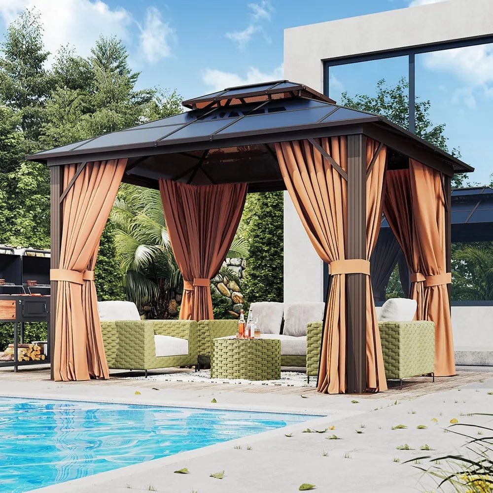 10x12ft Hardtop Gazebo with Double Roof, Aluminum Frame, Netting & Curtains - Outdoor Pavilion for Patio Garden