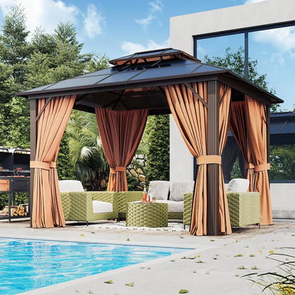 10x12ft Hardtop Gazebo with Double Roof, Aluminum Frame, Netting & Curtains - Outdoor Pavilion for Patio Garden
