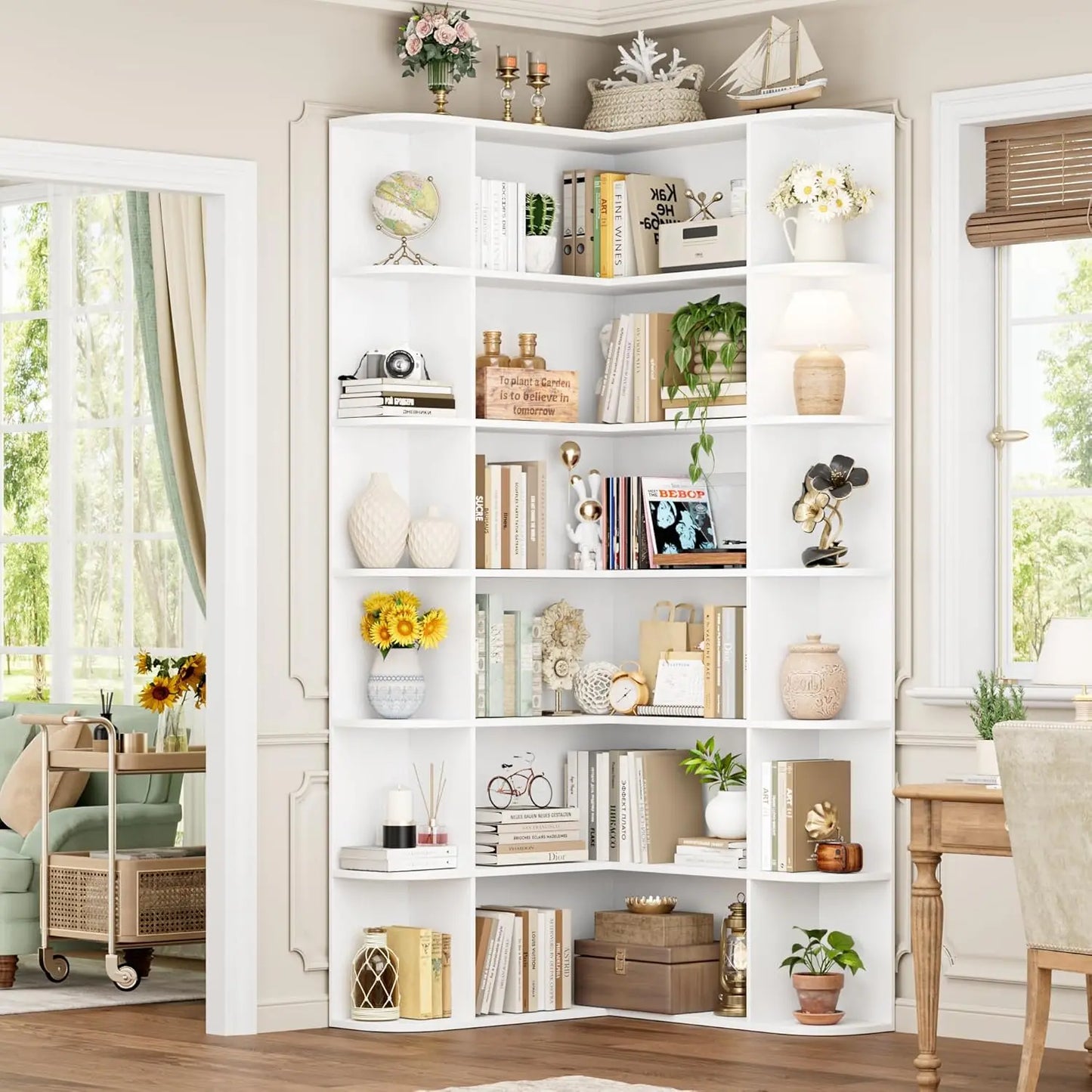 74” Tall Corner Bookshelf, 6-Tier with Open Storage, L Shaped Tall Bookcases Wooden Storage, Customized