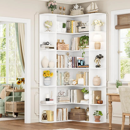 74” Tall Corner Bookshelf, 6-Tier with Open Storage, L Shaped Tall Bookcases Wooden Storage, Customized