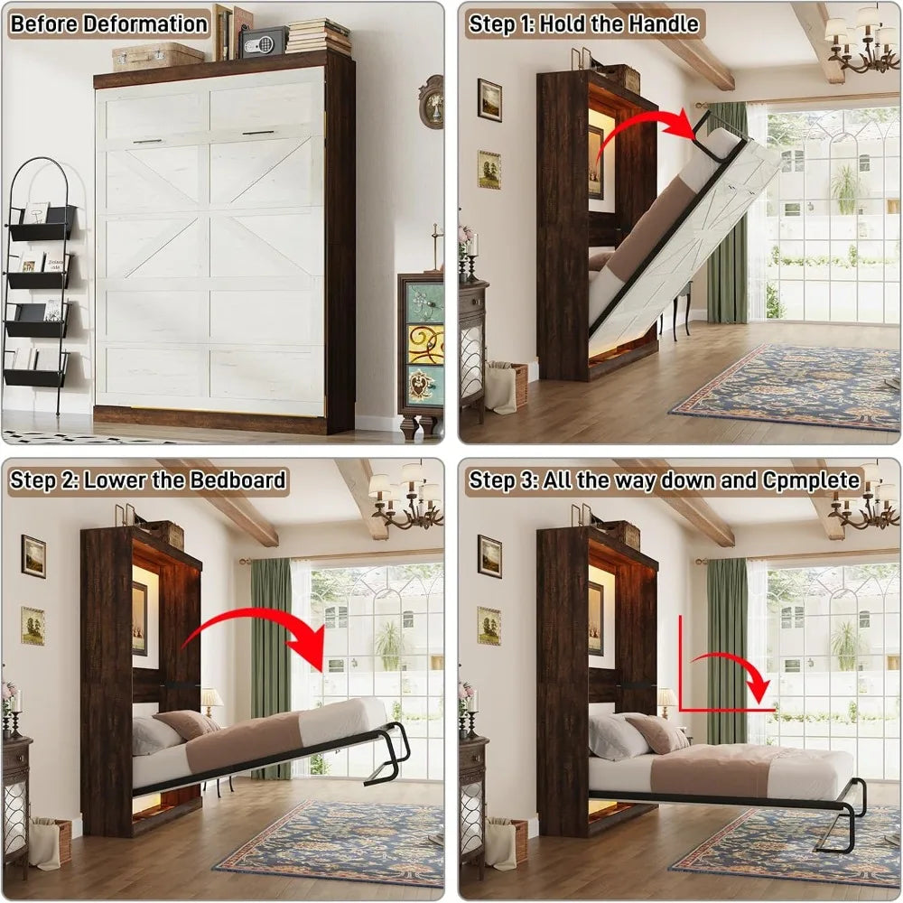 Queen Size Murphy Bed , Farmhouse Wood Hidden Wall Bed Frame, Space-Saving Storage Cabinet