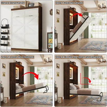 Queen Size Murphy Bed , Farmhouse Wood Hidden Wall Bed Frame, Space-Saving Storage Cabinet