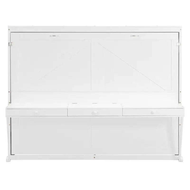 Queen Size Murphy Bed with Storage, Foldable Cabinet Bed with Desk, Center Mirror & 2 Side Drawers, White Finish