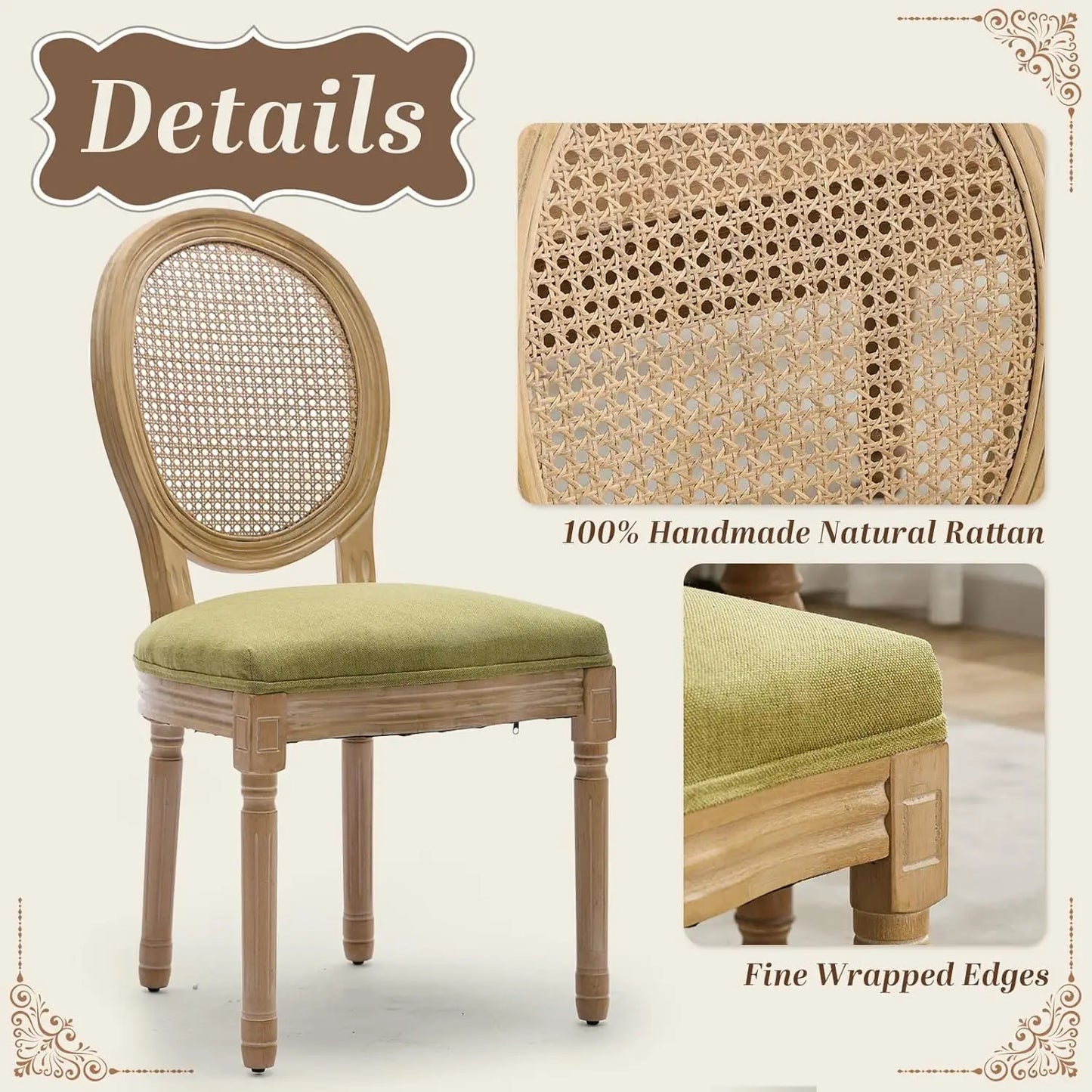 French Dining Chairs Set of 4, Dining Chair with Round Back, Wood Leg Farmhouse Country Rattan Dining Chair for Kitchen,