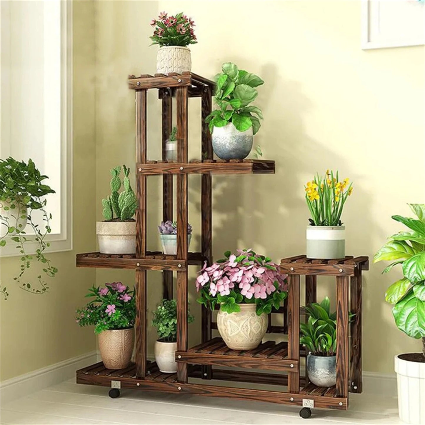 6 Tier Wood Plant Stand, Vertical Carbonized Multiple Holder, Indoor, Outdoor Patio