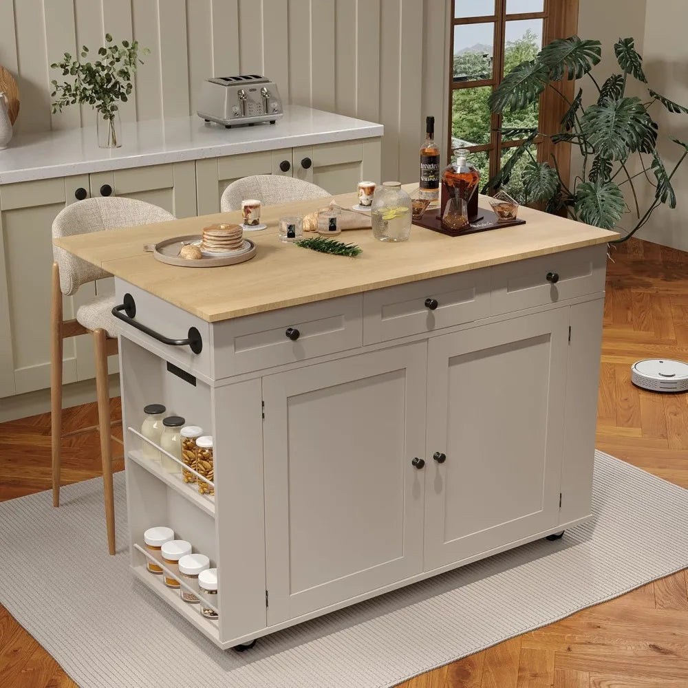 Kitchen Island Cart with 47.2" Wood Top, with Storage Cabinet & Drop Leaf, Rolling Kitchen Table