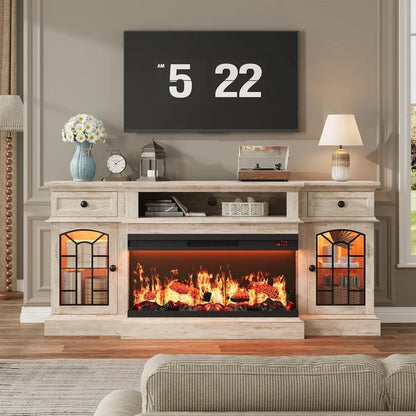 70" Farmhouse Fireplace TV Stand for TVs up to 80", Entertainment Center with 36" 3-Side Glass Electric Fireplace