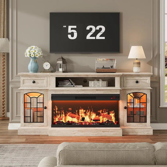 70" Farmhouse Fireplace TV Stand for TVs up to 80", Entertainment Center with 36" 3-Side Glass Electric Fireplace