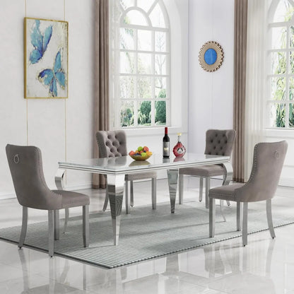 70'' Faux Marble Dining Table with Stainless Steel Legs, Silver and White Dining Room Table for 4-8,