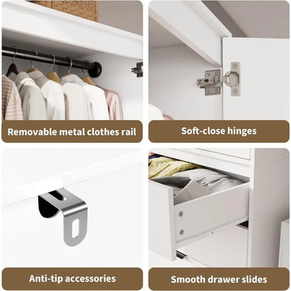 Rattan Armoire Wardrobe Closet with Drawers and Doors, Wooden Wardrobe Cabinets for Hanging Clothes,Heavy Duty