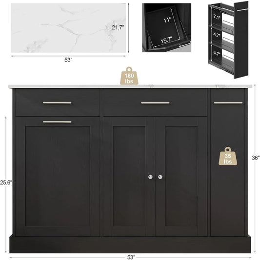 Kitchen Island with Trash Can Storage, 52" Kitchen Rolling Island with Marble Countertop & Pull Out Spice Rack