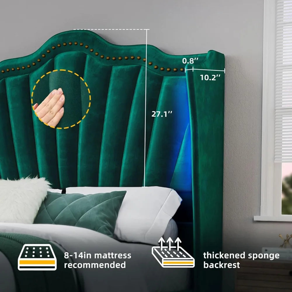 Queen Size Platform Bed Frame with 60" Tall Wingback Headboard and Footboard, Velvet Upholstered Bed with LED Light,