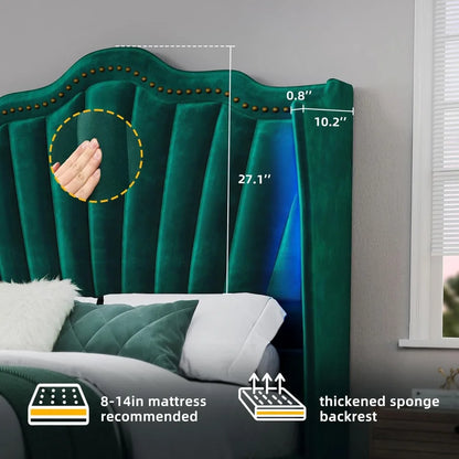 Queen Size Platform Bed Frame with 60" Tall Wingback Headboard and Footboard, Velvet Upholstered Bed with LED Light,