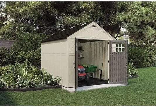 8’x10 Resin Shed, Vanilla & Slate – Backyard Storage Unit with Skylights, Reinforced Floor & Double Doors