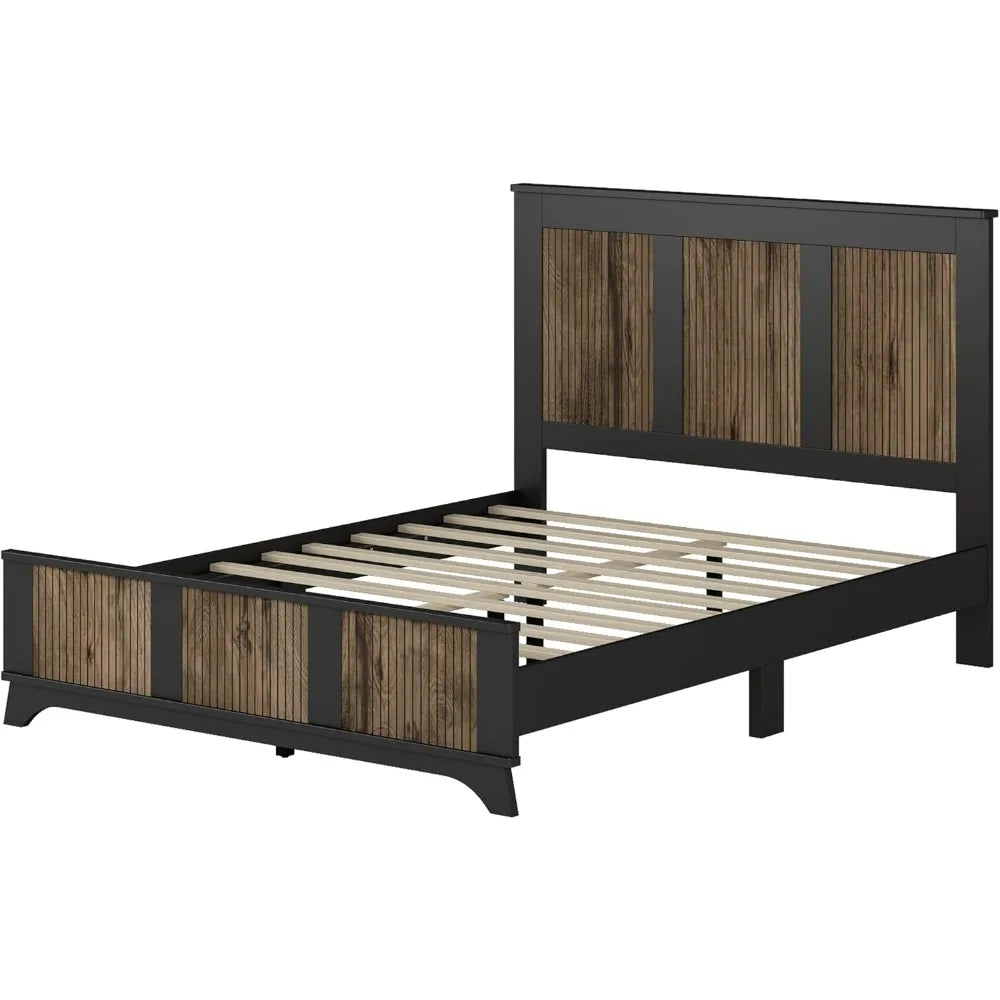 4 Piece Queen Bedroom Set,Queen Size Platform Bed  Qwith Wooden Strip Stickers Decoration, 2 Nightstands and Dresser, 4 Piece Fa