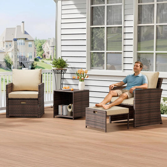 5-Piece All-Weather Pe Rattan Patio Set, High Back Chairs With 2 Ottomans & Table, Soft Cushions For Garden & Porch