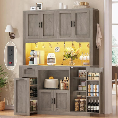 71" Pantry Cabinet with Charging Station and LED Light, Kitchen Pantry Cabinet with Microwave Stand, 47.2" Wide,