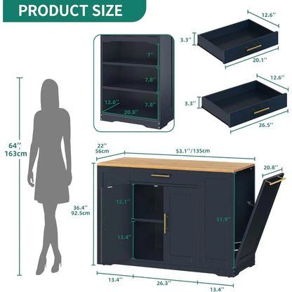 53 inch Large Rolling Kitchen Island with Trash Can Storage Cabinet, Portable Mobile Islands Table  Movable w Wheels
