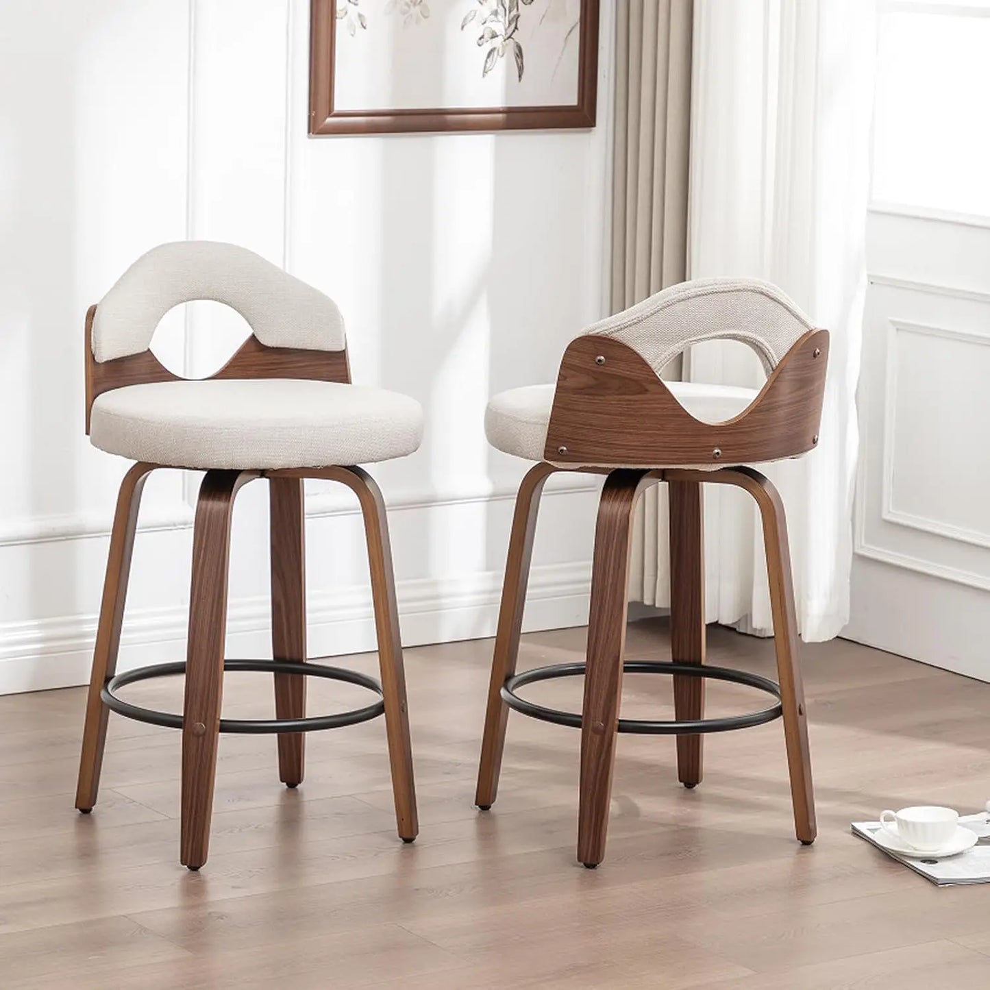 26" Swivel Bar Stools Set of 2,Mid Century Modern Beige Faux Leather Barstools, Wood Counter Height Bar Chairs with Low Back