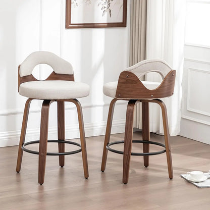 26" Swivel Bar Stools Set of 2,Mid Century Modern Beige Faux Leather Barstools, Wood Counter Height Bar Chairs with Low Back