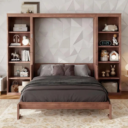Space-Efficient Queen Murphy Bed with Desk, Bookshelves, and Storage in Dark Brown Wood