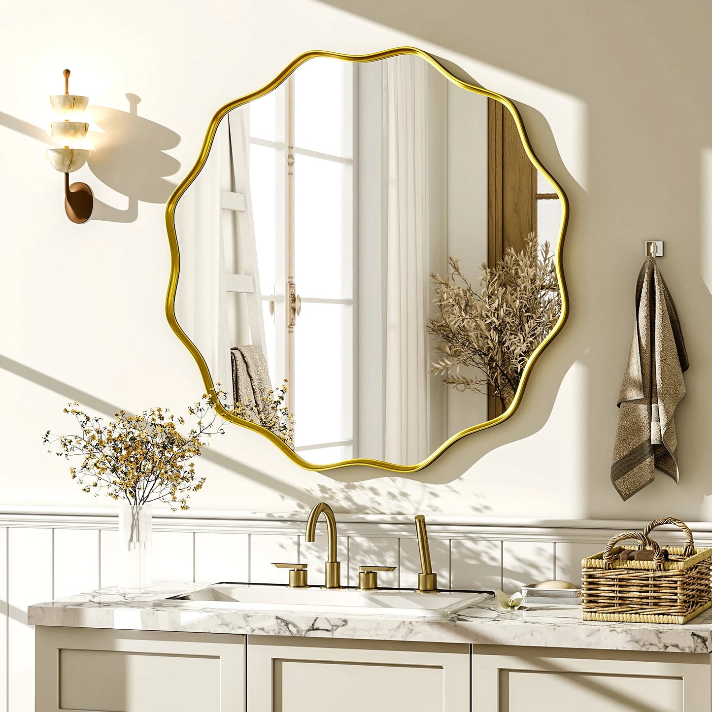Wavy Round Bathroom Mirror Decorative Wall Mirror with Deep Frame