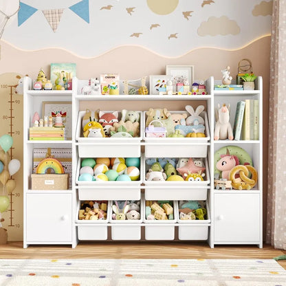 55''Large Toy Storage Organizer with 8 Toy Bins, with Shelf and 6 Storage Cubbies, Bookshelf