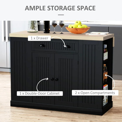 Fluted Wooden Kitchen Island with Drop Leaf, Drawer, and Open Shelves for Countertop Storage