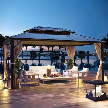 12x16ft Hardtop Gazebo, Double Roof Aluminum Frame with Curtains for Outdoor Patio Cover