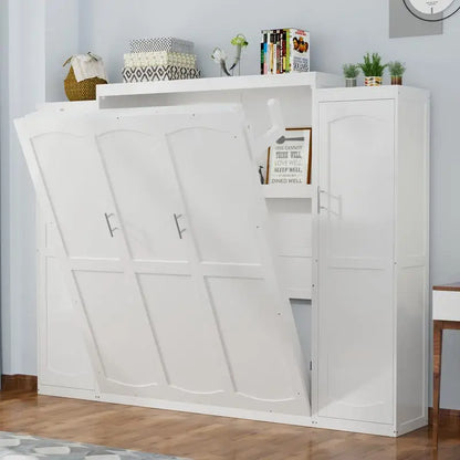 Queen Size Murphy Bed with 2 Wardrobes and Storage Shelf, Multifunctional Foldable Bed Frame