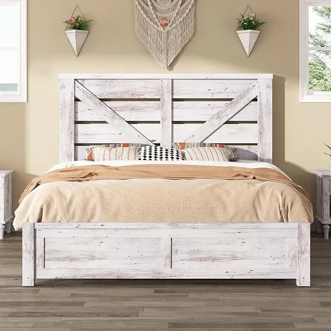Reclaimed Barnwood Queen Bed Frame with 49.2 Barn Door Headboard, Platform Slat Design, Underbed Storage, Quiet