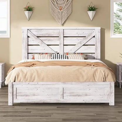 Reclaimed Barnwood Queen Bed Frame with 49.2 Barn Door Headboard, Platform Slat Design, Underbed Storage, Quiet
