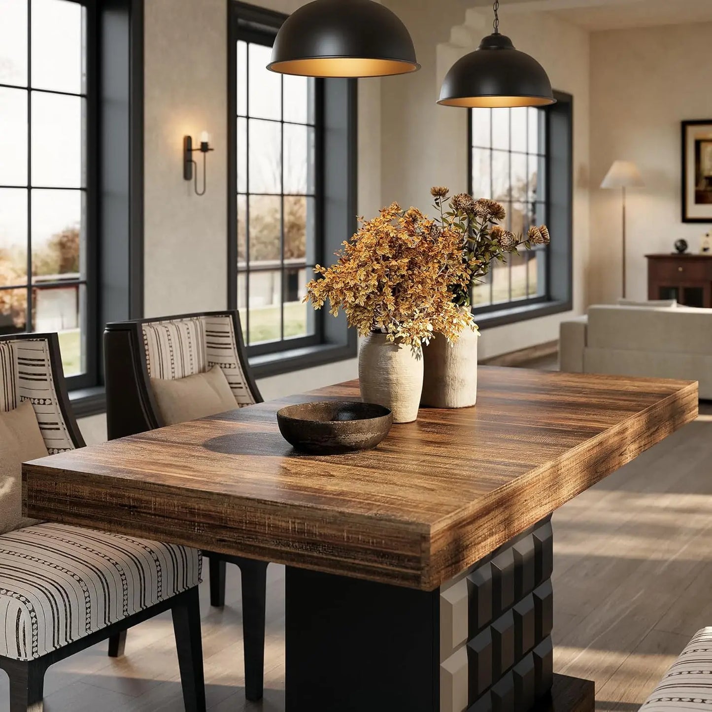 Modern Rectangular Dining Table for 4-6, Farmhouse Kitchen Table with Sturdy Wood Pedestal Base in Rustic Brown & Black