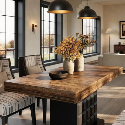 Modern Rectangular Dining Table for 4-6, Farmhouse Kitchen Table with Sturdy Wood Pedestal Base in Rustic Brown & Black