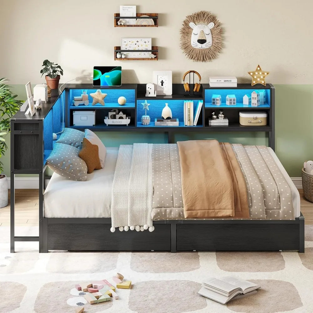 Full Corner Bed Frame with Bookcase Storage and Led Lights Metal Platform Bed Frame with 2 Drawers and Charging Station