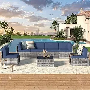 7 Piece Outdoor Patio Furniture Set, PE Rattan Outdoor Wicker Sectional Furniture Chair Set with Cushions and Table