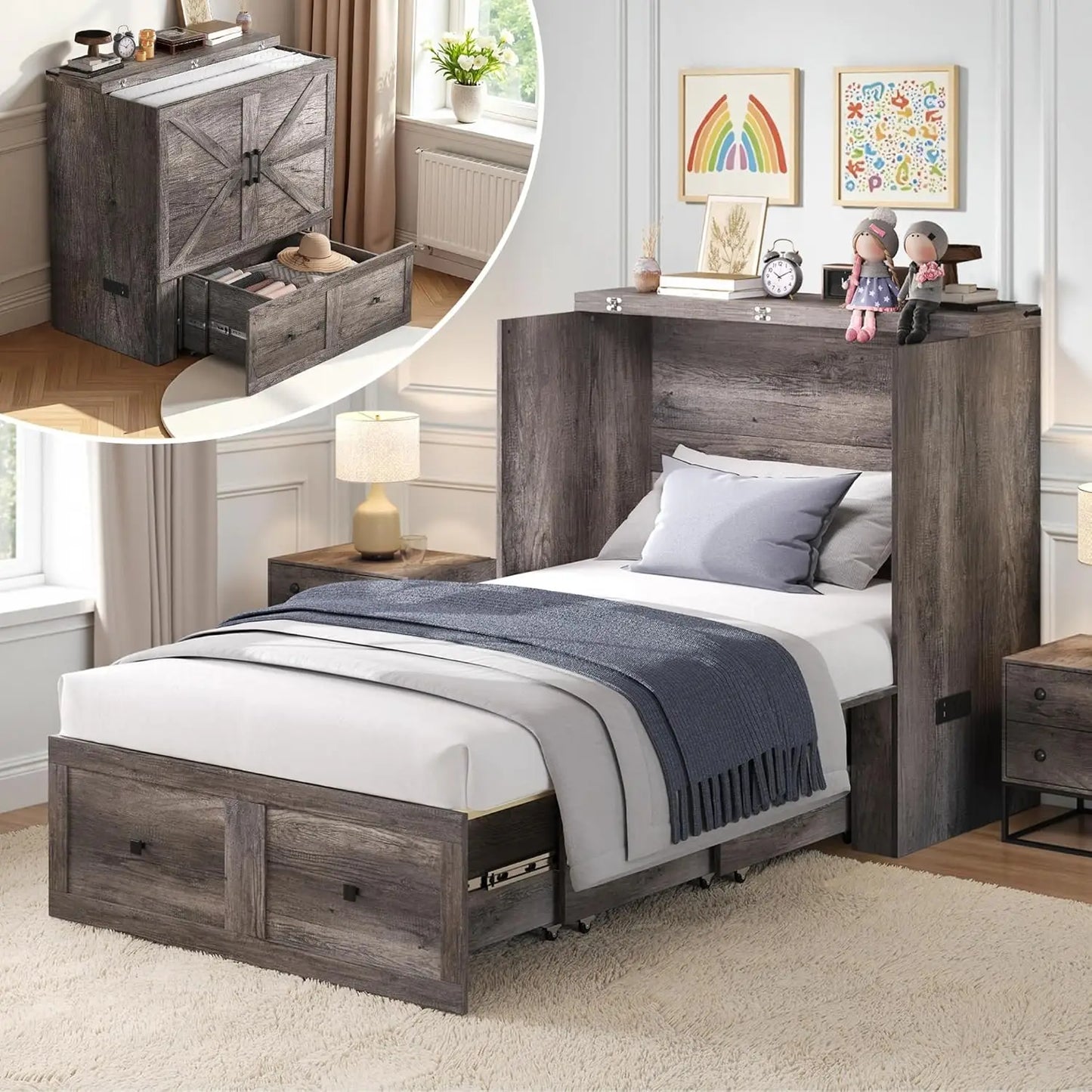 Twin Murphy Bed Cabinet with Storage Drawer, Farmhouse Foldable Platform Bed for Home Office