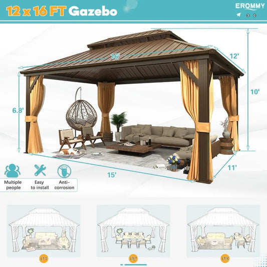 12x16 Hardtop Gazebo with Aluminum Frame, Galvanized Steel Roof, Netting & Curtains for Patio, Lawn, Deck