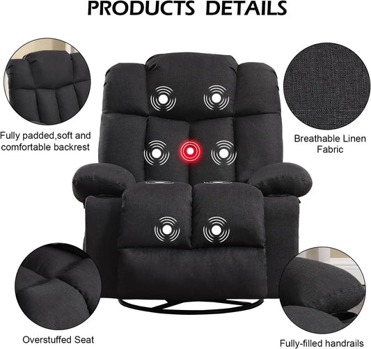 Massage Swivel Rocker Recliner with Heat and Vibration for Living Room, Bedroom