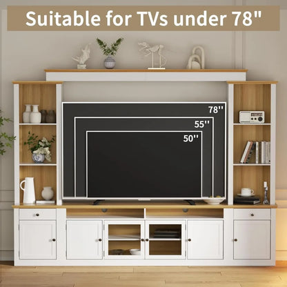 Large Farmhouse TV Stand with Cabinets for TVs Up to 78" Wall Unit Entertainment Center with Open Bookshelves and 2 Drawers