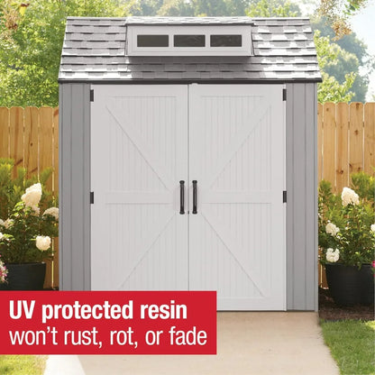 Weatherproof Gray Rubbermaid Resin Storage Shed, 7ft x 7ft, with Floor, for Outdoor Home, Backyard, and Garden Tool Organization