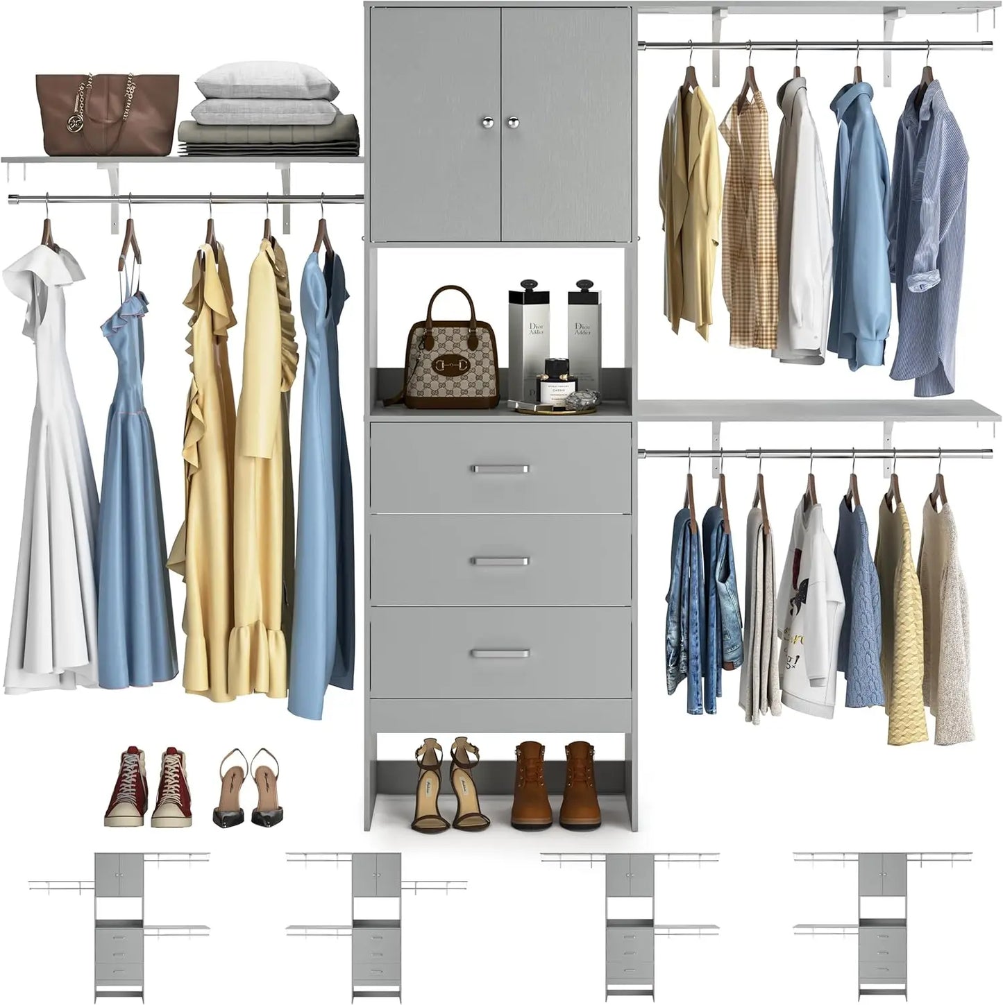 96 Inches Walk In Closet System with Doors & 3 Shelving Towers, Heavy Duty Clothes Garment Rack with 3 Wood Drawers