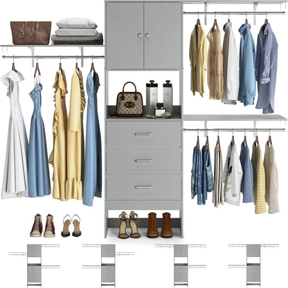 96 Inches Walk In Closet System with Doors & 3 Shelving Towers, Heavy Duty Clothes Garment Rack with 3 Wood Drawers