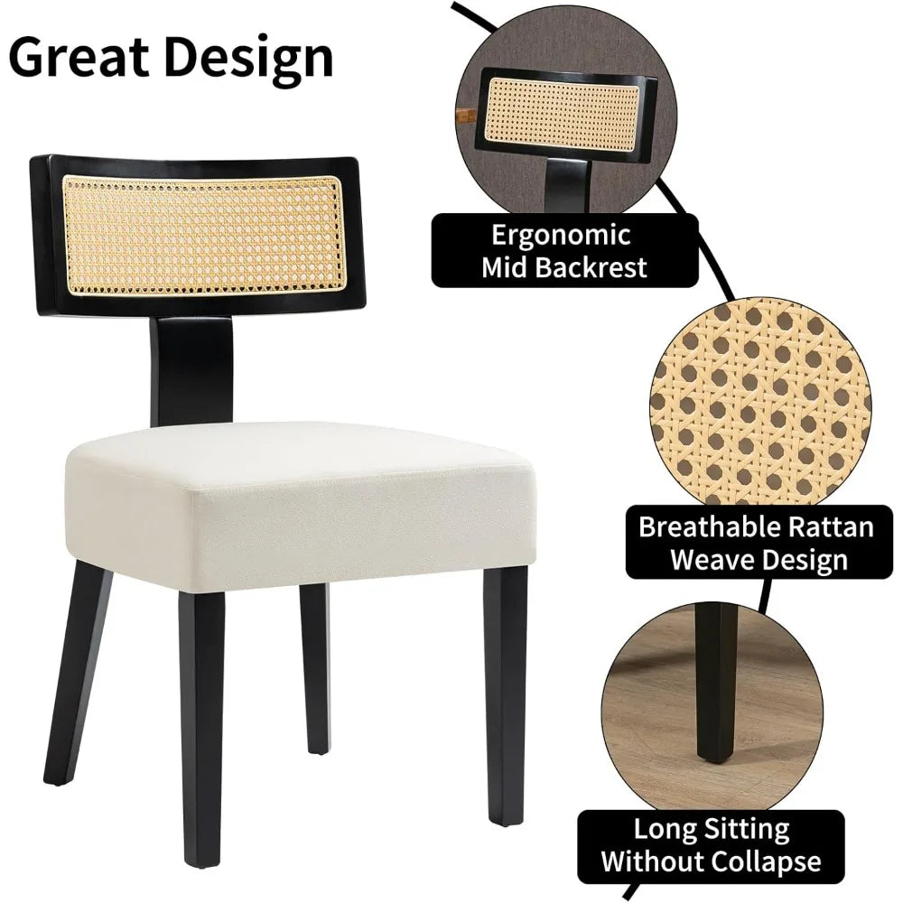 4-Pack Mid-Century Rattan Dining Chairs, Fabric Upholstered, Curved Back & Armless