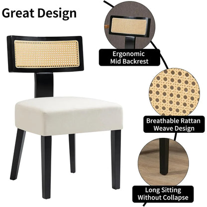 4-Pack Mid-Century Rattan Dining Chairs, Fabric Upholstered, Curved Back & Armless